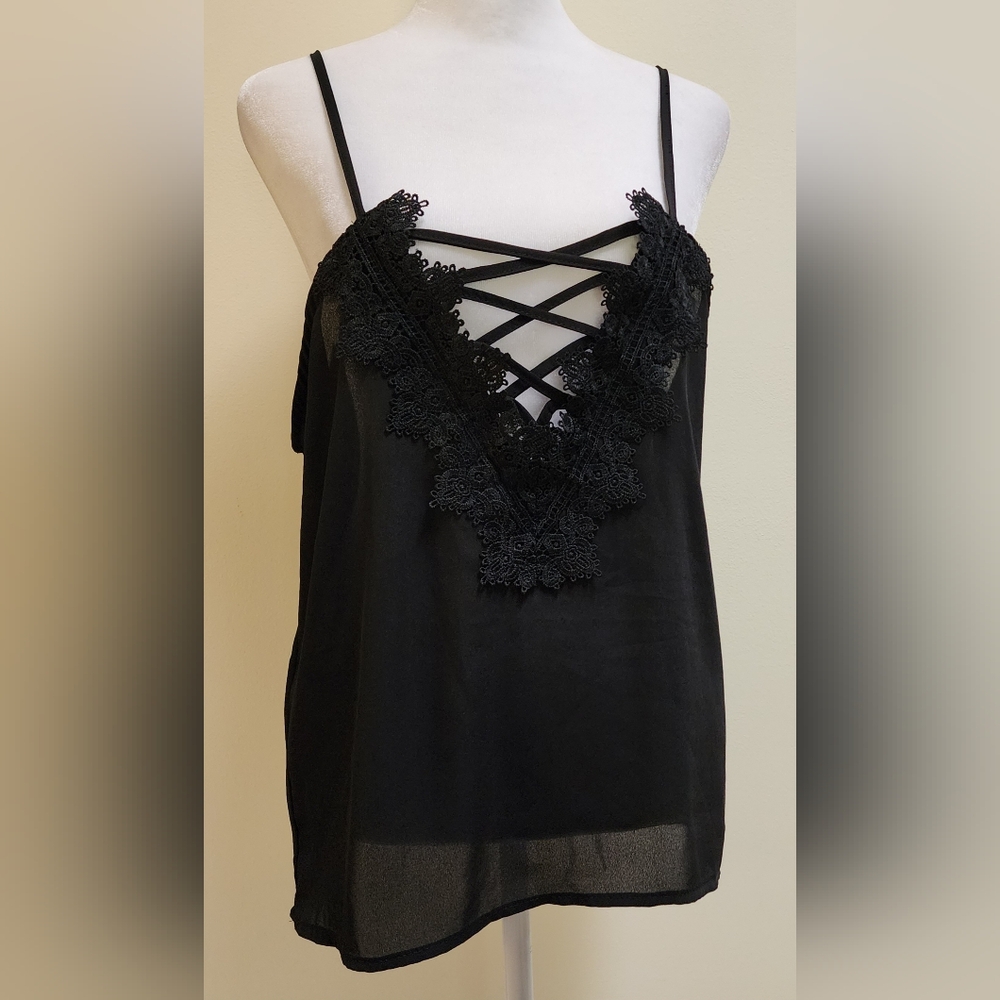 Black Lace Up Camisole Cami Tank Top Women's Size Medium